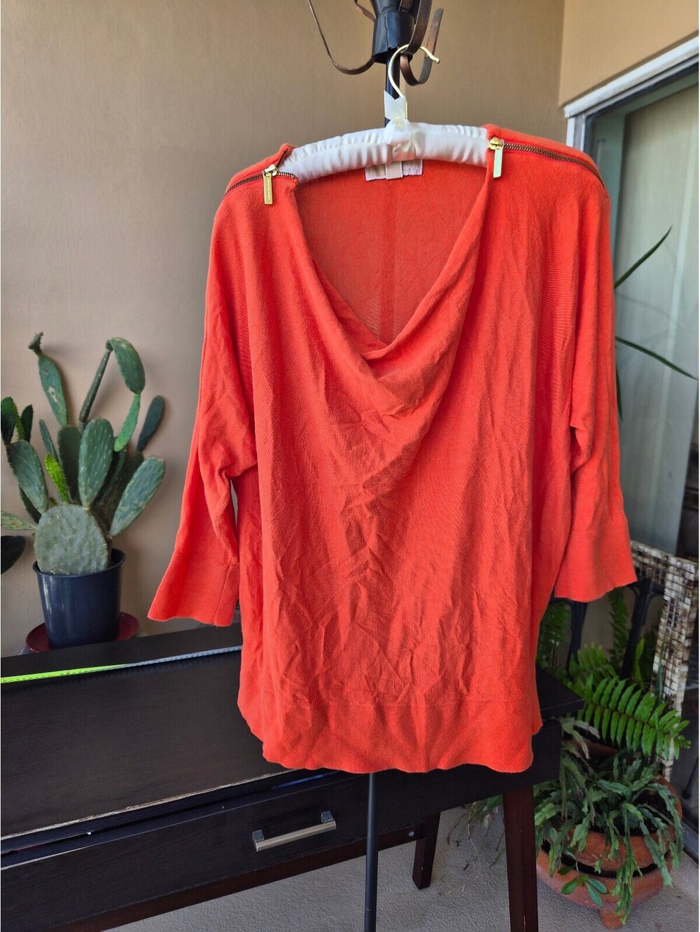 Michael Kors Orange Open Front Cardigan Sweater Size XL Gold Zippers